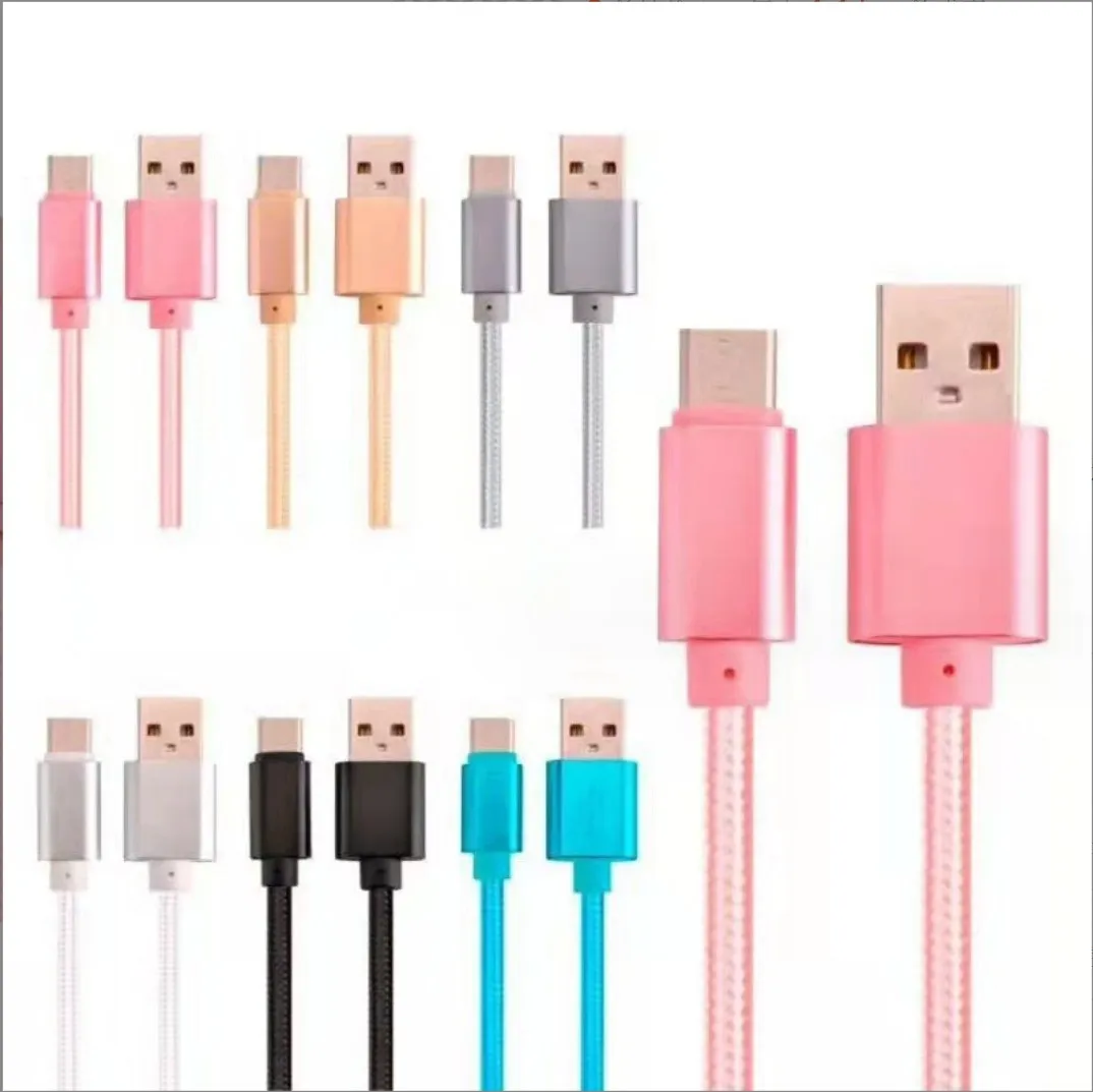 USB Type C -kabel 10ft 6ft 3ft metallnylon flätade USB -kablar Snabbladdning Datasynkronisering Telefonkabel Typ C Micro USB Andoind iPhone för universella mobiltelefoner Inget paket