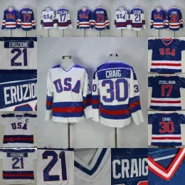 1980 USA Hockey Team Jersey 30 Jim Craig 21 Mike Eruzione 17 Jack O'Callahan Hockey Jerseys Blue White Stitched