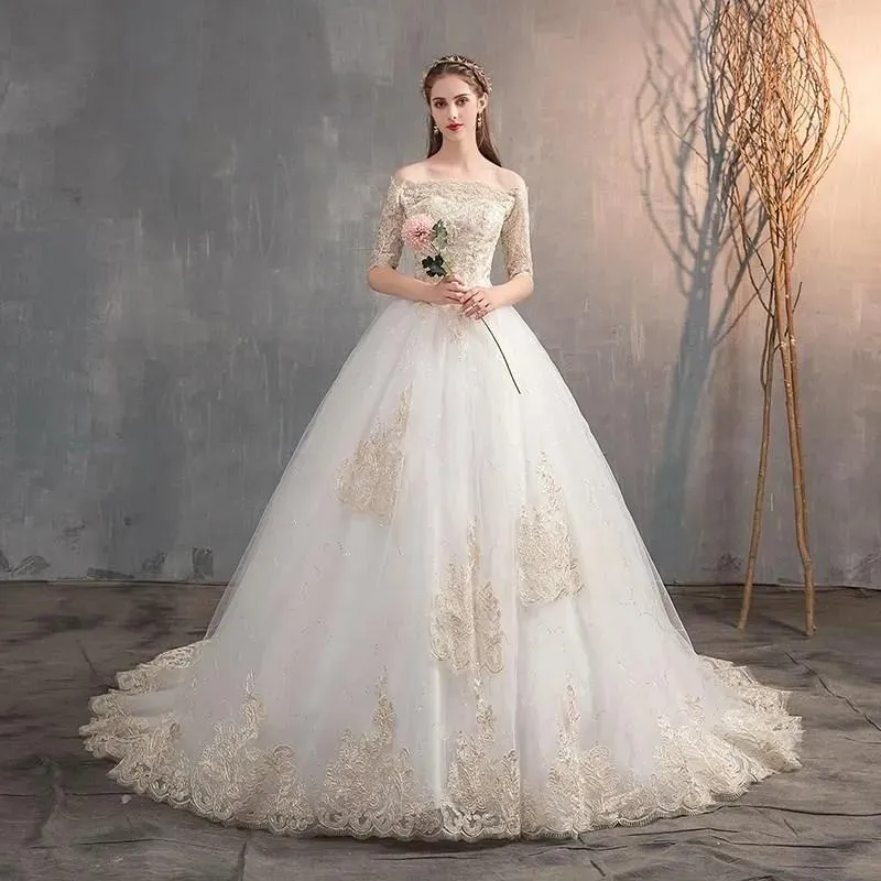 Robes Autres robes De mariée 2022 Robe épaules dénudées demi manches Robe dentelle Applique grande taille Simple Robe De mariée