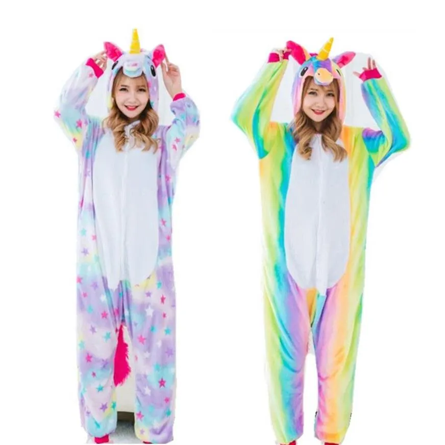 Dames cosplay kostuums en winter flano pyjama's ster of regenboog eenhoorn rompertjes kigurumi jumpsuit hoodies volwassenen halloween 288Q