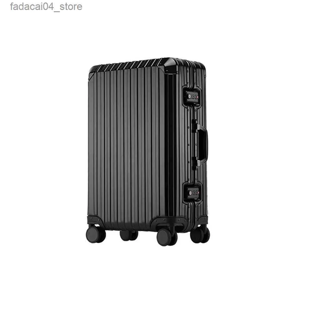Malas de viagem preto alumínio liga de magnésio bagagem homens / mulheres mala de viagem com telescópica pull rod spinner tamanho 35-22-55cm Q240115