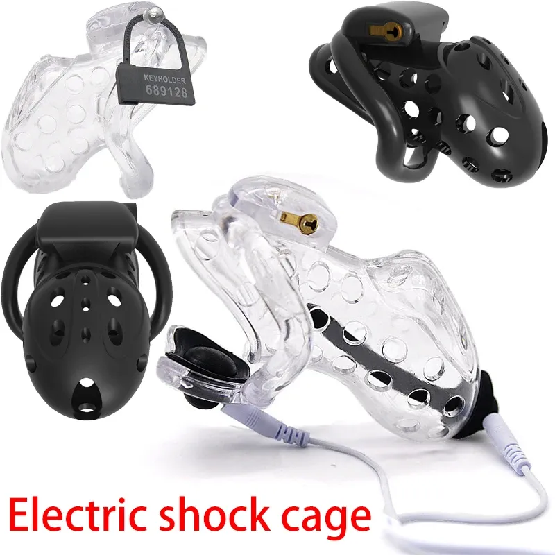 E-Stimulation Chastity Cock Cage Electric Shock Plastic Cage Penis Ring Ball Lock Electro BDSM Restraint Sex Toys for Man