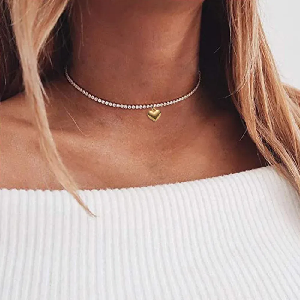 Hip Hop Iced Out Tennis Necklace For Women 14k Yellow Gold Heart Pendant 35+10cm Cubic Zircon Neck Chain Jewelry Chocker 2024