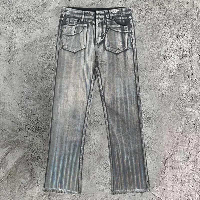 Jeans masculinos high street brilhante prata casual solto laser preto para homens e mulheres calças de motocicleta baggy streetwear