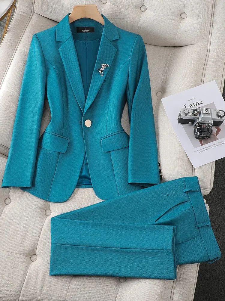 Damer Blazer och Pant Suit Women Green Purple Blue Black Solid Formal Jacket byxor Kvinnliga affärsarbeten slitage 2 -stycken Set 240115