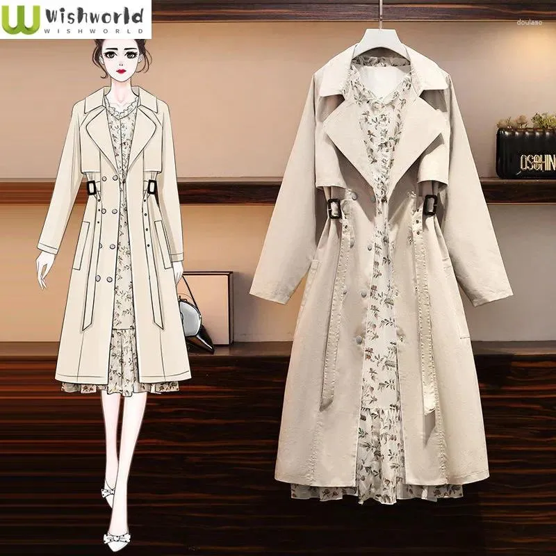 Arbetsklänningar Våren och hösten Kvinnors uppsättning 2024 Koreansk version Slim Trench Coat Print Dress Elegant Two Piece