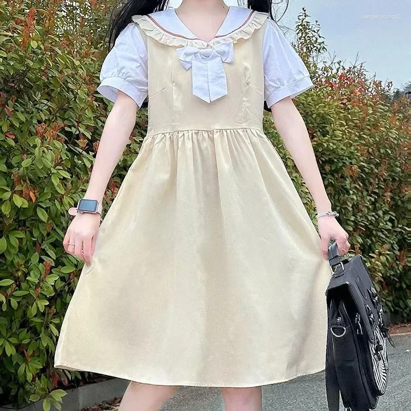 Party Dresses Summer College Wind Navy Collar Bow Tie Short Sleeve Dress Side Zipper JK Junior High School Students Loose