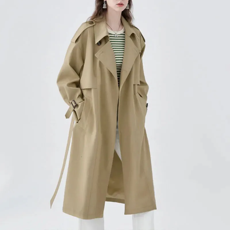 Kobiety kurtki długie Rówek Kobieta stały kolorowy płaszcz Klasyczny Lapel z długim rękawem wiatrak z paskiem Sprin Autumn Casual Streetwear 240115