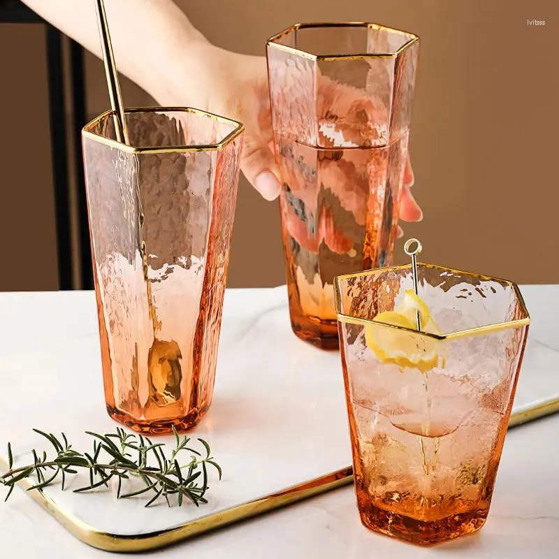 Wine Glasses 1Pcs Japanese Phnom Penh Glass Hexagonal Hammered Cup Amber Crystal Champagne Home Bar Milk Juice Water