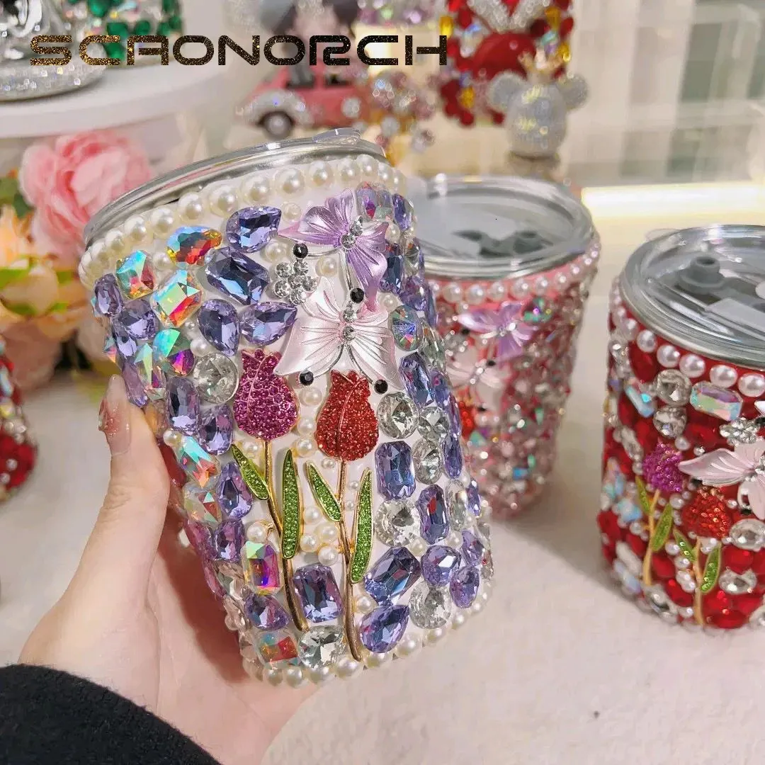 Rhinestones rostfritt stål bling koppar med halmlock kaffemuggar juice kall dryck vatten flaska kristall diamant termos tumlare 240115