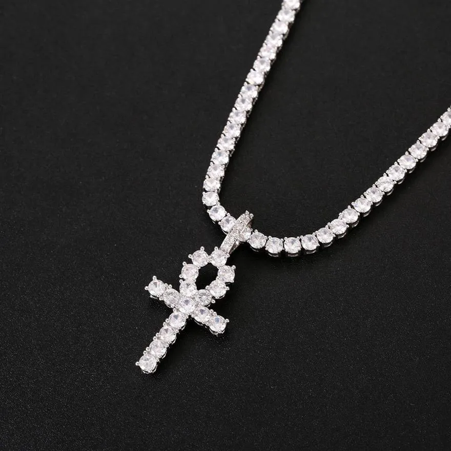 Iced Out CZ Sleutel van Leven Egypte Kruis Hanger Ketting 4mm Tennisketting SGoud Zilver voor Mannen Hiphop Jewelry315V