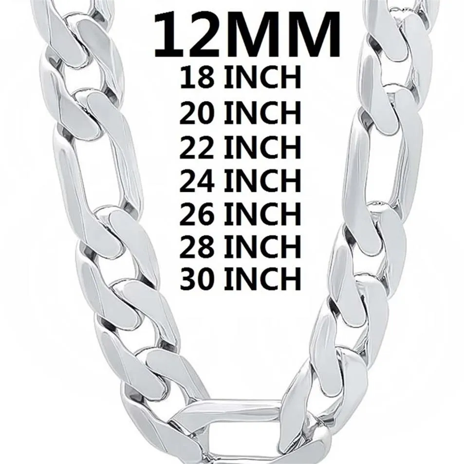 Solidny 925 Srebrny naszyjnik dla mężczyzn Klasyczny łańcuch 12 mm kubańską 18–30 cali urok wysokiej jakości biżuteria modna ślub 220209217g