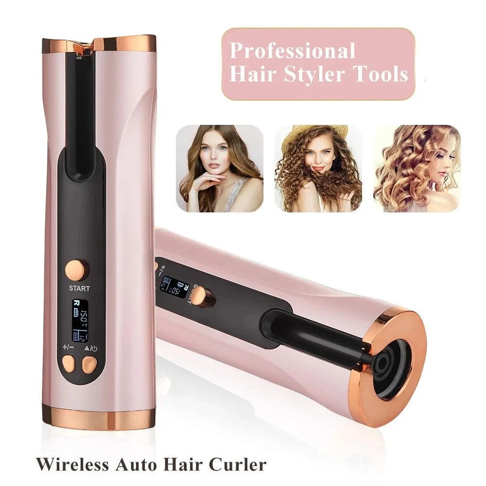 Bigodino automatico per capelli Rotante Ferro arricciacapelli Display LCD USB Ricaricabile Ondulato Bigodino Home Portatile Strumento per lo styling delle onde dei capelli 240115