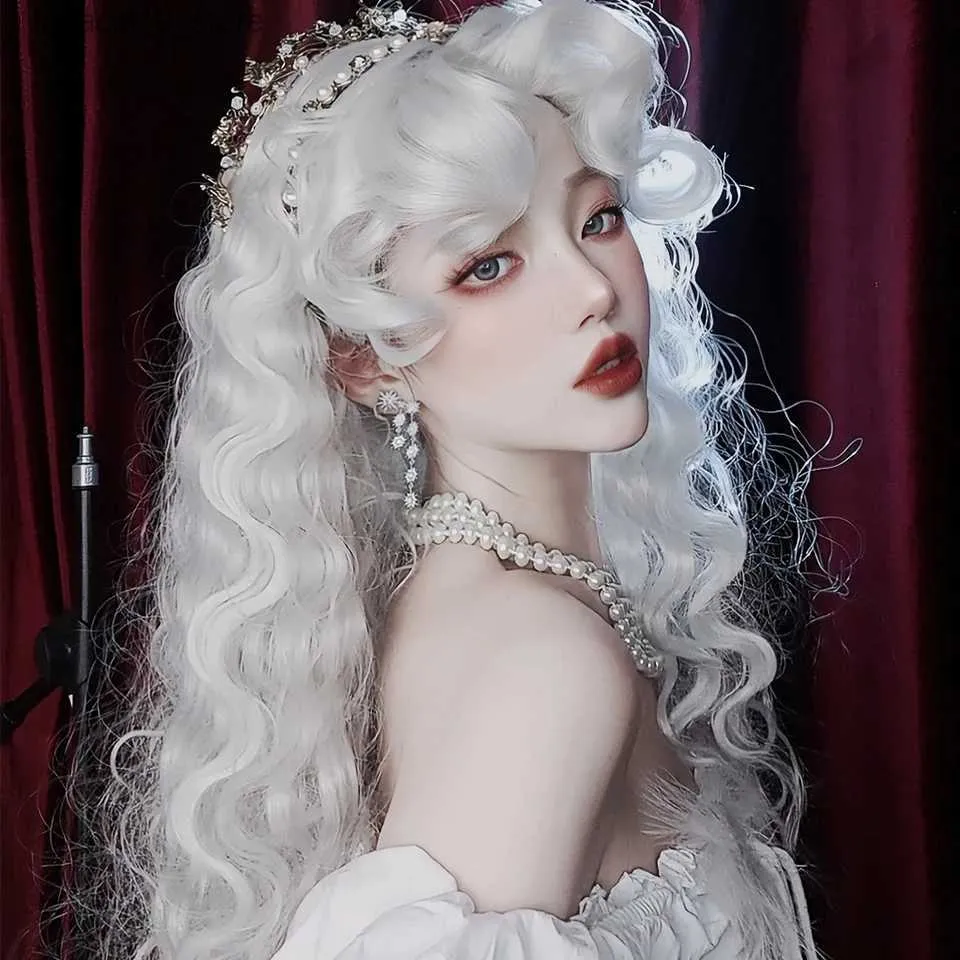 Synthetic Wigs WTB Synthetic Long Wavy Curly Cosplay Wig With Bangs Light Grey Lolita Wig Women Christmas Cosplay Heat Resistant Wigs Female Q240115
