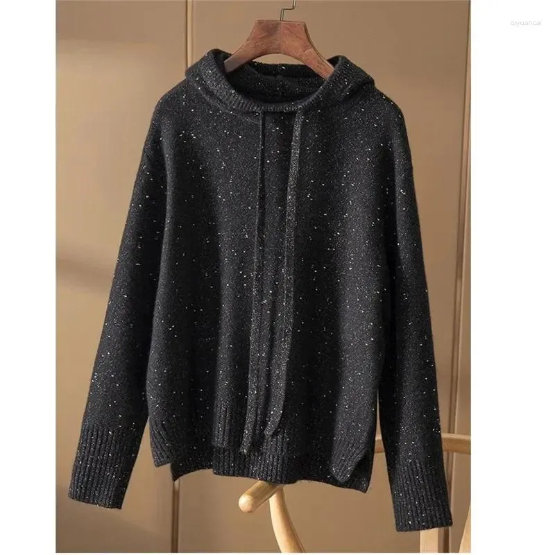 Women's Sweaters Autumn Winter Wool Cashmere Sequin Sweater Women Soft Hooded Knit Pullovers Half Turtleneck Knitwear High Quality Jumper