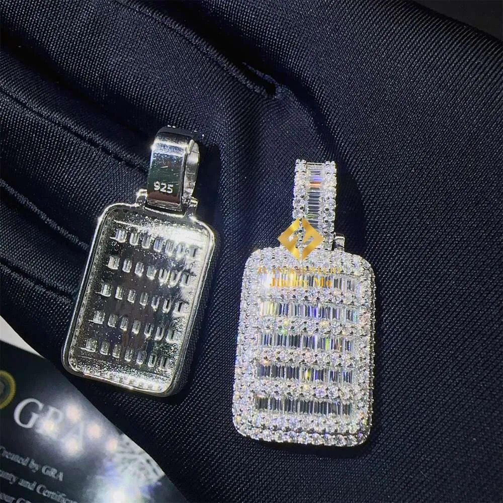 تمرير الوافدين الجدد لقيام اختبار المجلس المثلج للمجوهرات الصلبة Sier D Baguette Moissanite Diamond Dog Tag Tag Leldant