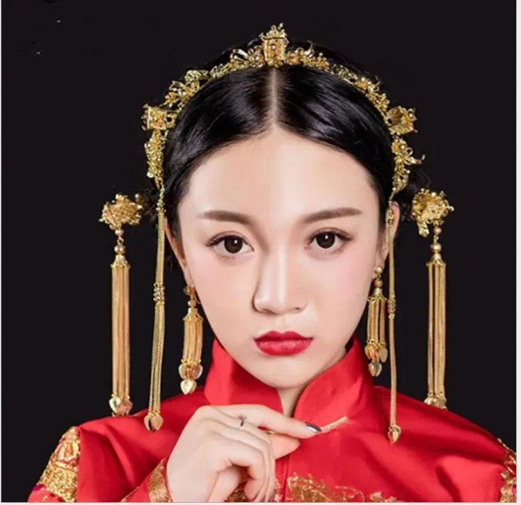 Headpieces Chinese wedding bride headdress hairpin tassel Hoop Earrings Set Wedding Gown Costume show kimono Longfeng jewelry