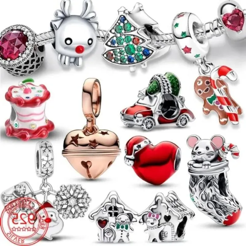 925 Sterling Silver Charms Bracelet Perles Charm Original Noël Voiture Arbre Renne Souris Qfnml