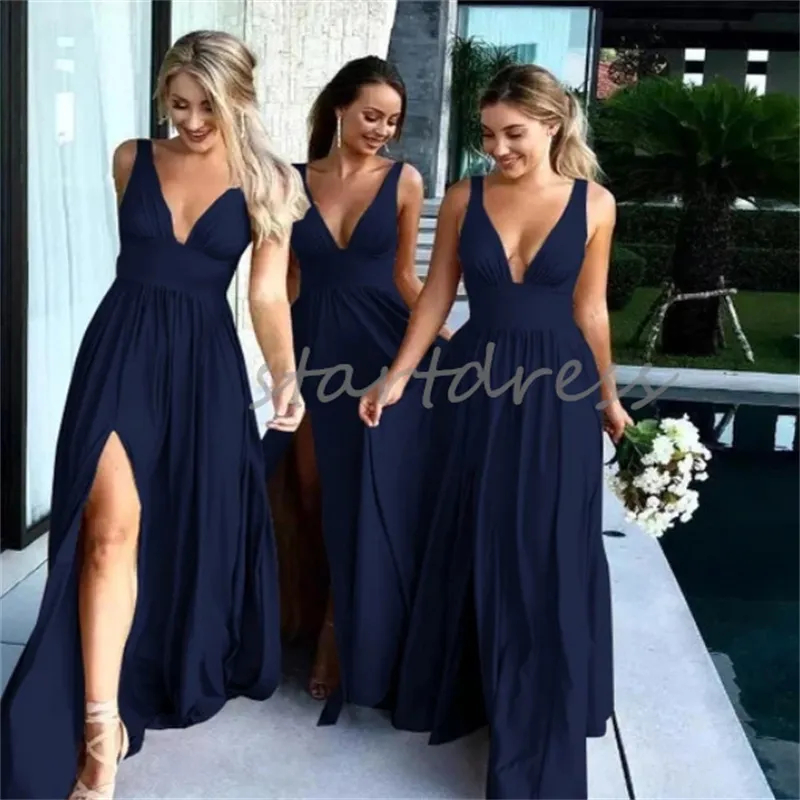 Mode Goud Boho Bruidsmeisjesjurk 2024 Sexy V-hals Tot de grond Ruglooze Bruiloftsgast Jurk Elegant Marineblauw Bordeaux Landelijk Bruidsmeisjesjurk Gala met Split