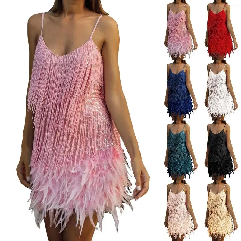 Casual Dresses Dress Solid Color Sexy Spaghetti Strap Tassel Sequin Feather Splicing Evening Party Floor Length N For Women