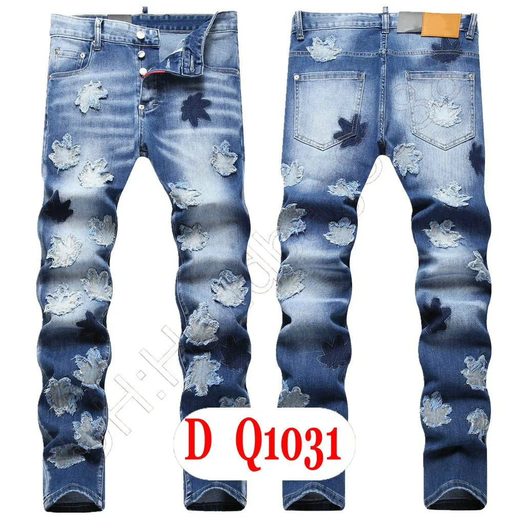 Mens Jeans Luxury Italy Designer Denim Jeans Män broderibyxor DQ21031 Fashion Wear Holes Splash-Bink Byxor Motorcykel Ridningskläder US28-42/EU44-58