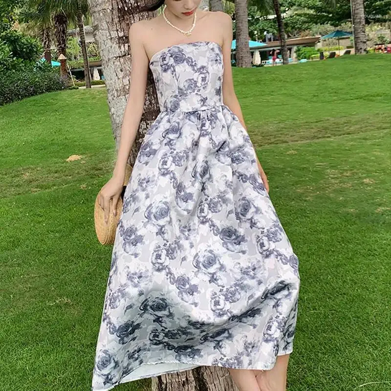 Casual Dresses Summer Off the Shoulder Backless Beach Long Dress Women Axless Sleeveless Floral Elegant Sexy Evening Party