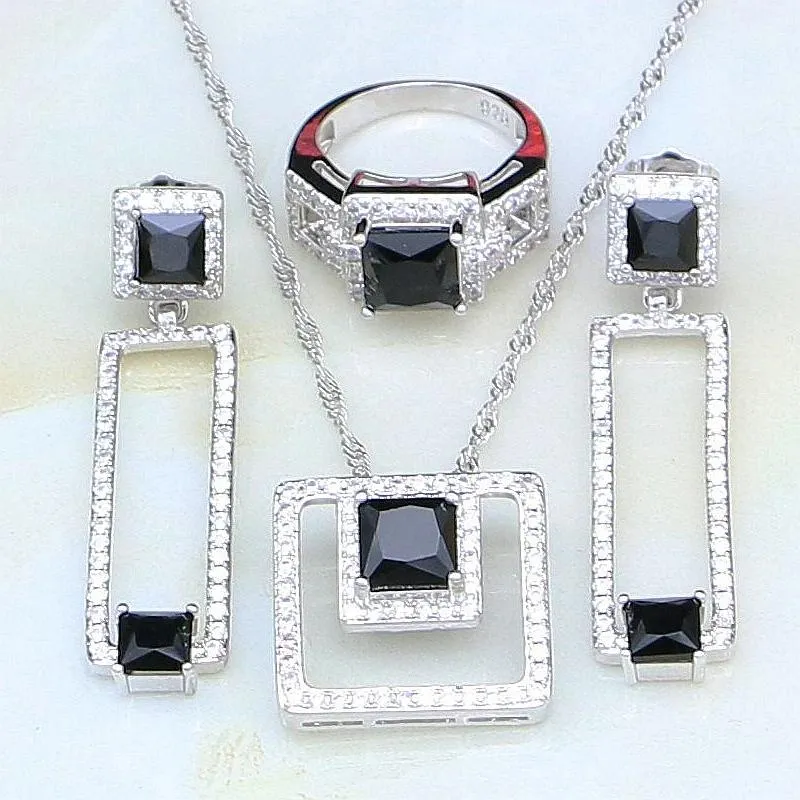 Halsband Sterling Sier Square Formed Black Stones White Zircon smyckesuppsättningar för kvinnor Bröllop örhängen/ring/hänge/halsband