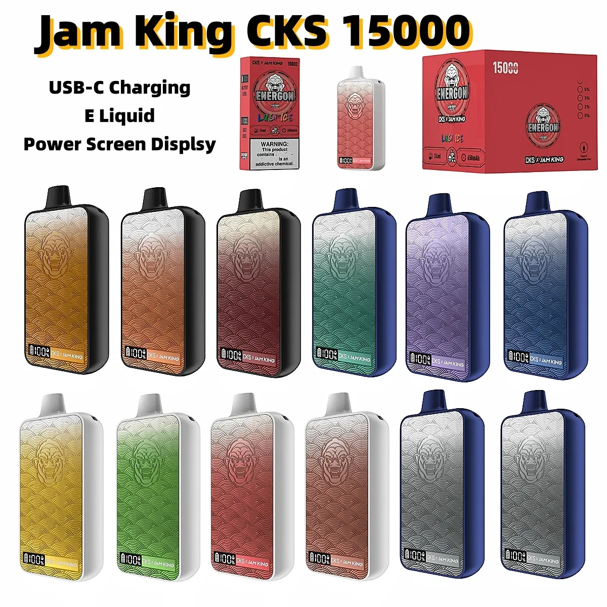 Einweg-Vape Jam King Vapers CKS Puff 15000 Elektronische Zigarette CKS ENERGON Vape 15000 24 ml E Liquid Power Bildschirmanzeige USB-C-Aufladung 650 mAh Akkustift