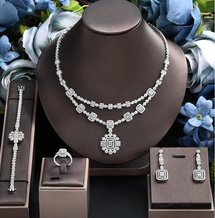 Ankomst 3A Zirconia Flower Pendant Bridal Full 4 Pieces Set for Bride Wedding Jewelry Set Fashion Party Accessories 240115