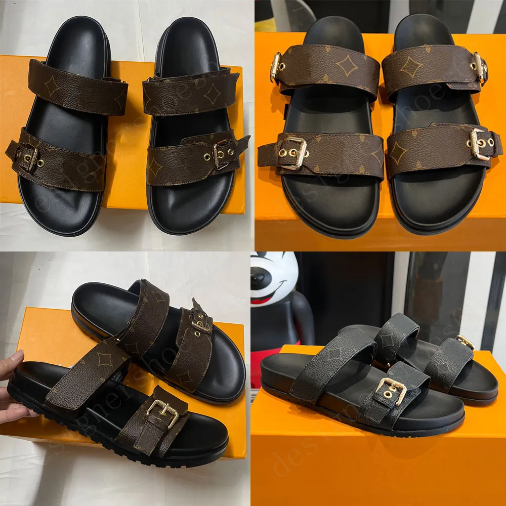 Bom Dia Flat Comfort Mule 1AAW8A Tasarımcı Sandalet Cacao Kahverengi Kamarık Kauçuk Çıkar Erkek Kadın Mule Düz Sandalet Terlik Plaj Sandalet Cowhide Deri Sandalet 35 46