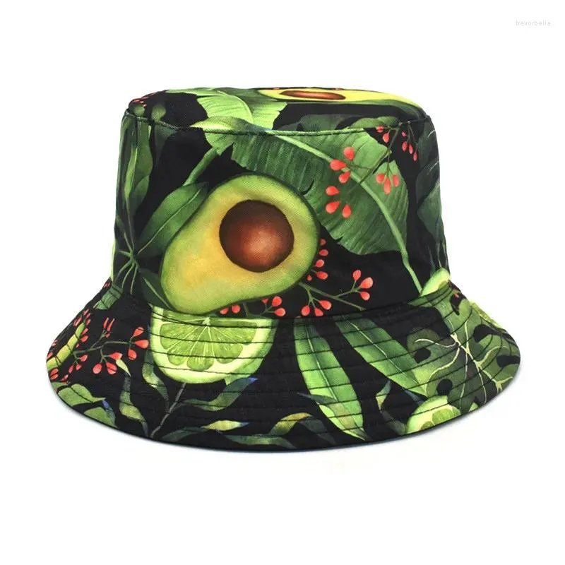 BERETS 2024 Four Seasons Cotton Cartoon Avocado Print Bucket Hat Fisherman Autdoor Travel Sun Cap for Men and Women 238