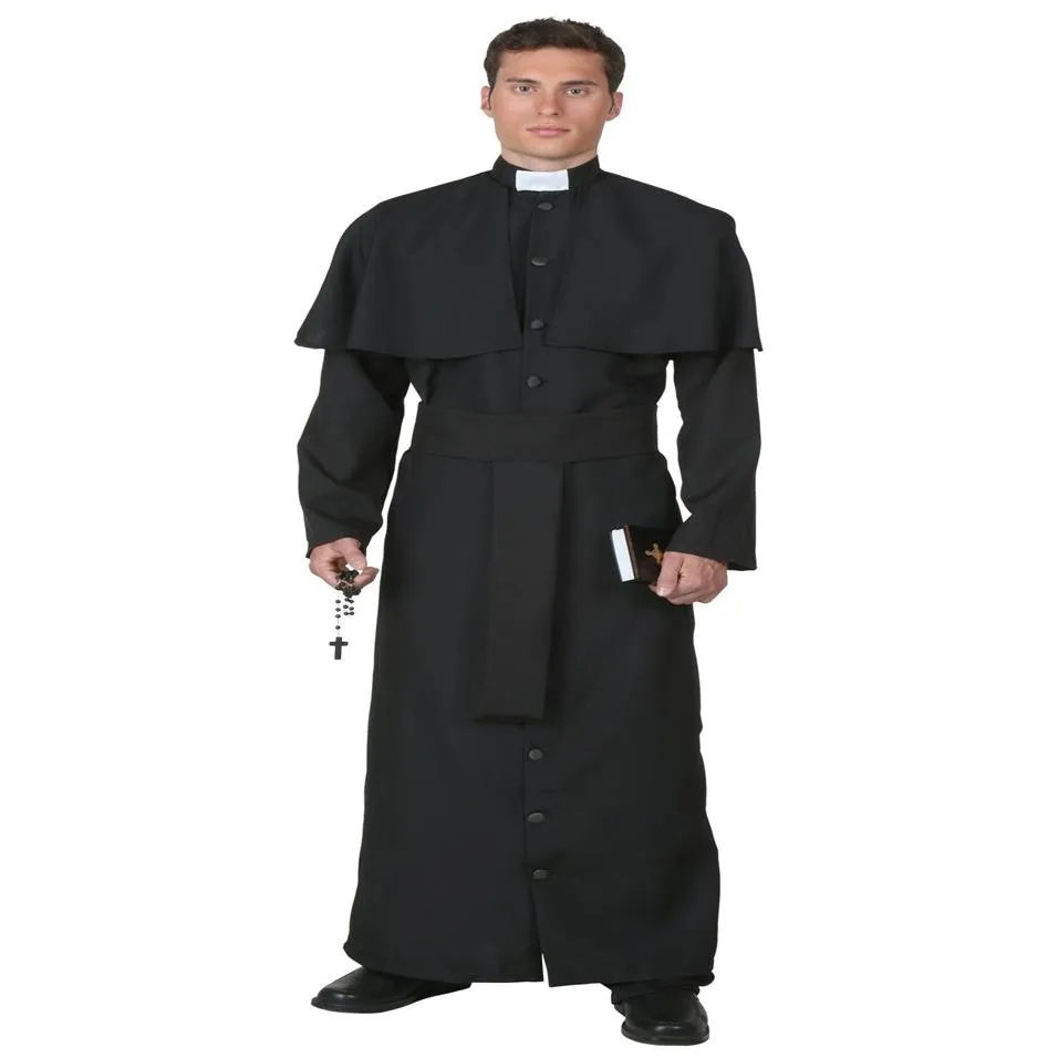 Tema Traje Halloween Role Playing Sacerdote Para Roupas Masculinas Masculinas Cosplay Deus Longo Terno Preto Trajes de Festa 2605