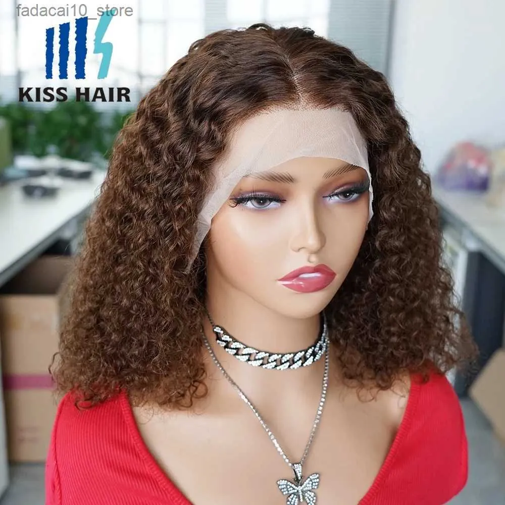 Syntetyczne peruki kolorowe #4 Wavy Bob Peruka ludzkie włosy ciemnobrązowe fala wody 13*4 koronkowe peruki czekoladowe brązowe zamykanie peruki Birmese Curly Kisshair Q240115