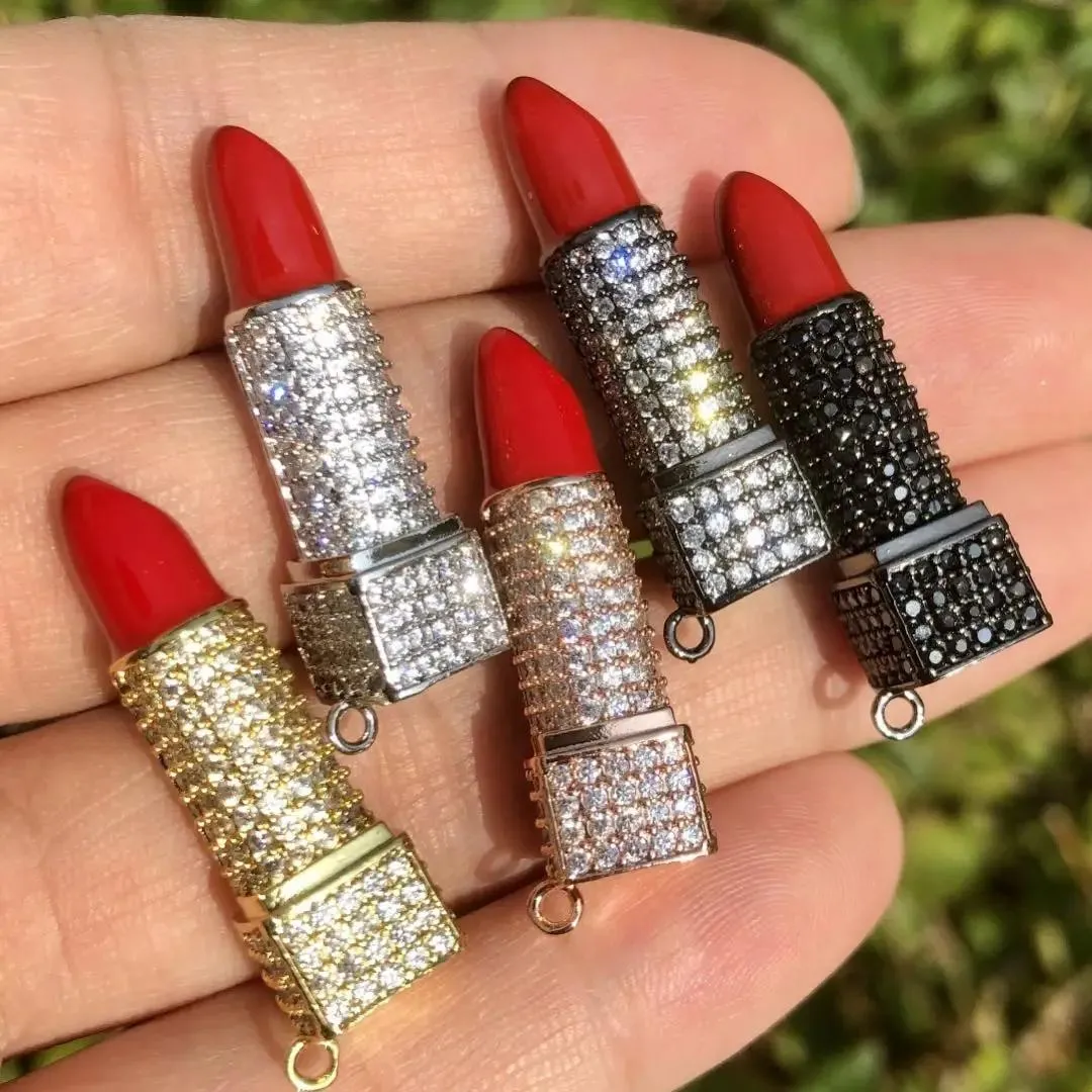 Necklaces 5pcs Cubic Zirconia Pave Red Lipstick Pendant Charms for Women Necklace Bracelets Jewelry Making Accessories