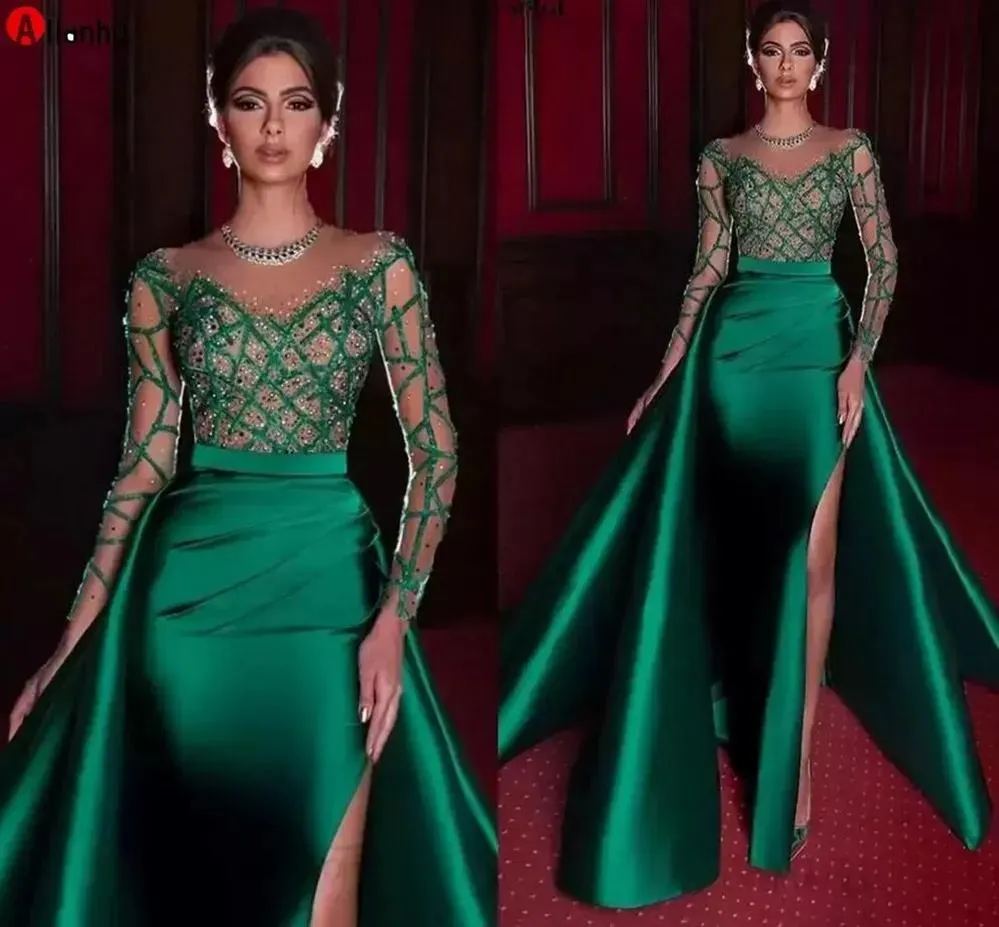 Vestidos de sereia verde vestidos de noite 2022 elegantes mangas compridas cetim fenda sexy fenda