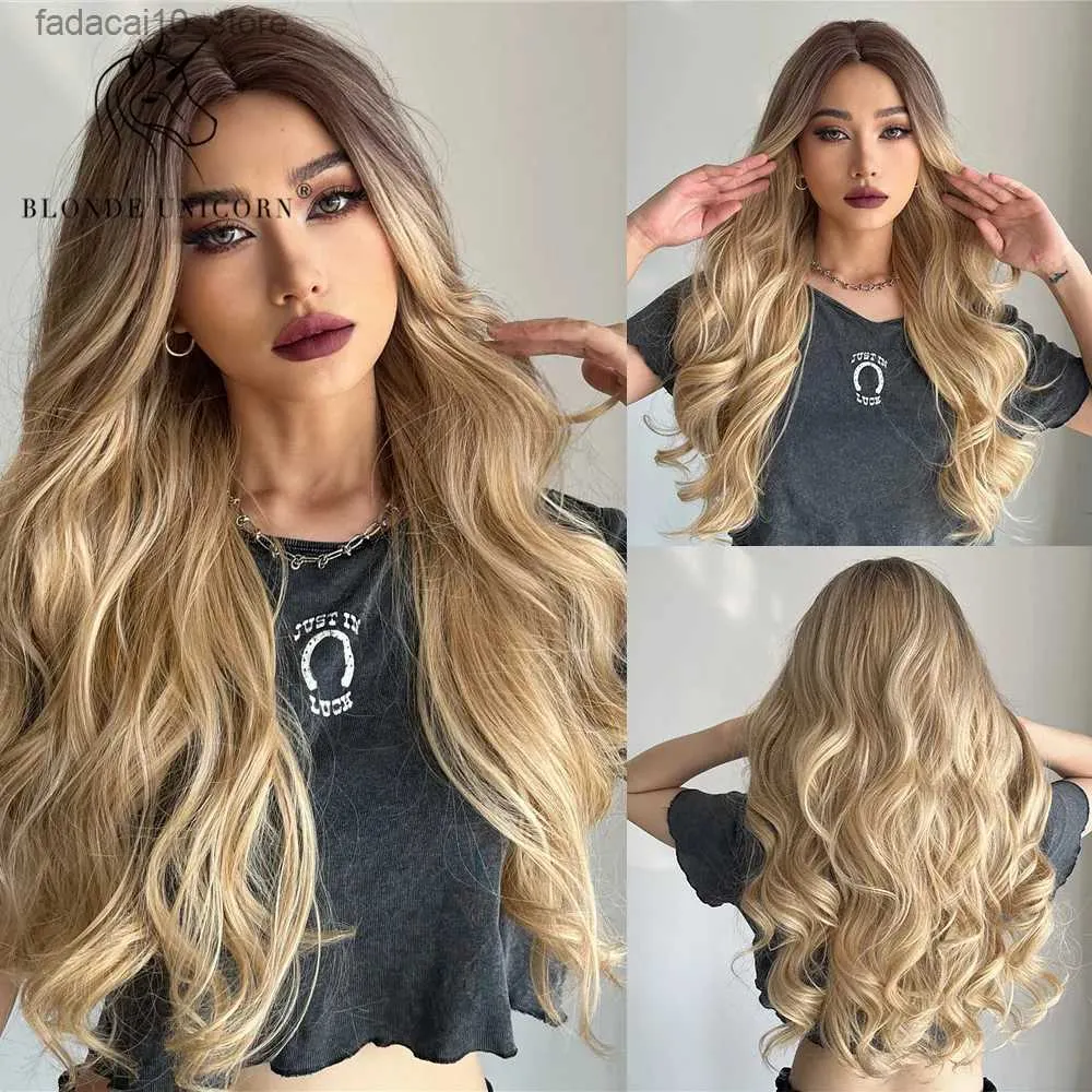 Synthetic Wigs Blonde Unicorn Synthetic Wig Long Wavy Wigs Ombre Blonde Golden Middle Part Hair Daily Party Heat Resistant Fiber for Women Q240115