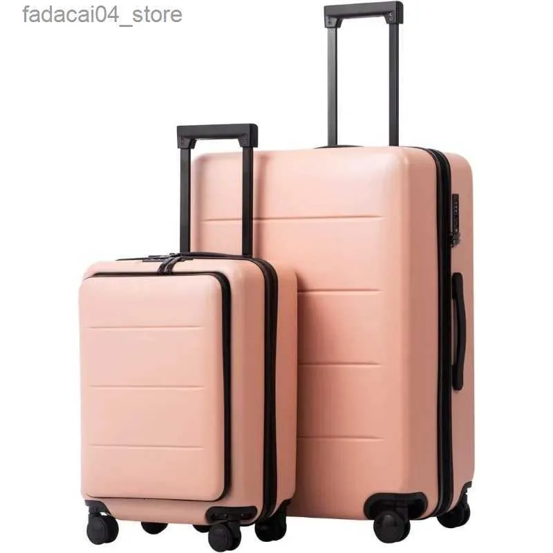 Malas Bagagem Mala Peça Conjunto Carry On ABS + PC Spinner Trolley com Bolso Compartmnet Weekend Bag (Sakura Pink Conjunto de 2 Peças) Q240115