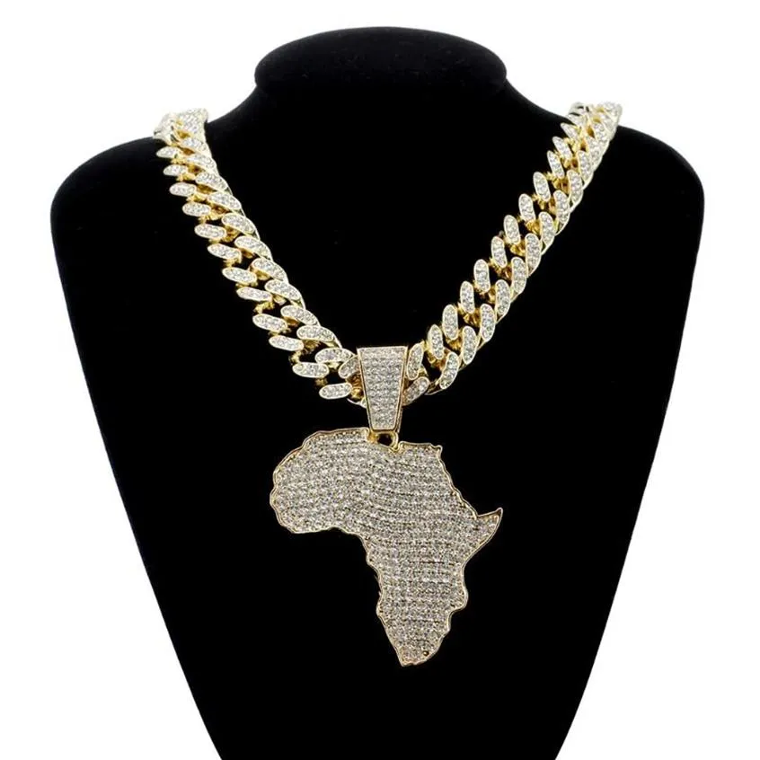 Pendentif Colliers Mode Cristal Afrique Carte Collier pour Femmes Hommes Hip Hop Accessoires Bijoux Collier Cubain Lien Chaîne Gif2317