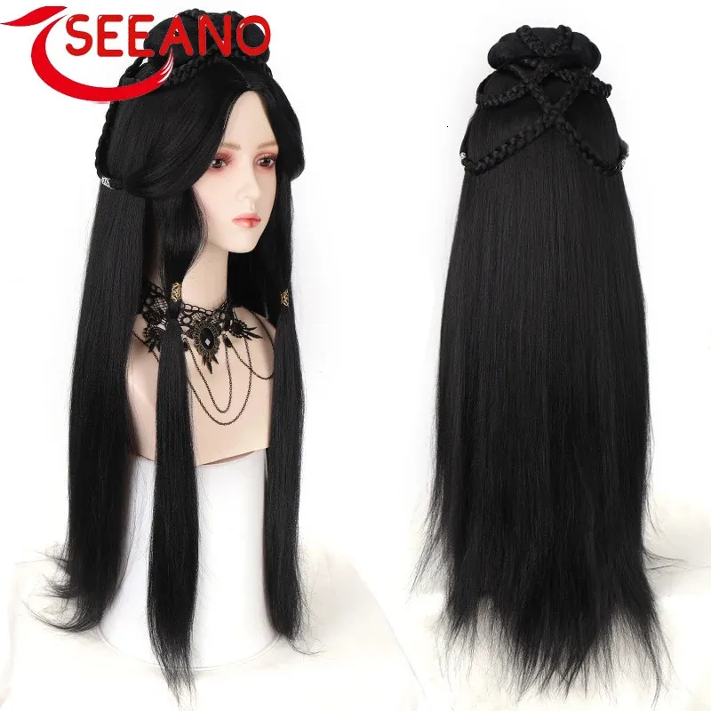 Seeano hanfu peruca bandana feminino estilo chinês peça de cabelo sintético modelagem antiga cos almofada acessórios para o cabelo cocar black240115