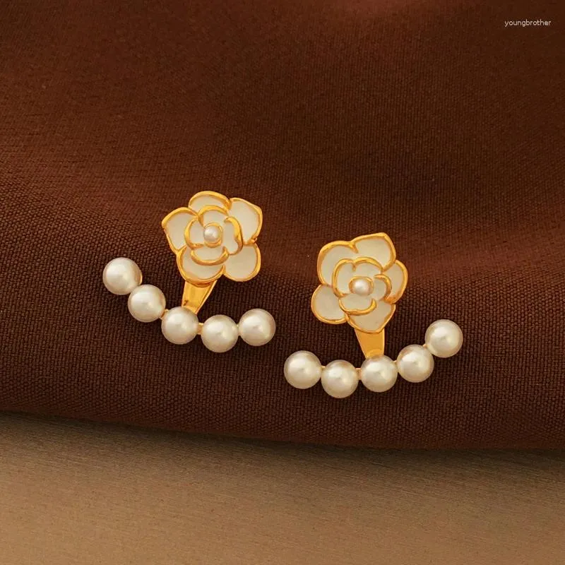 Stud Oorbellen Camellia Bloem Parel Oor Jas Voor Vrouwen Minimalistische Elegante Leuke Zomer Sieraden Koreaanse Mode