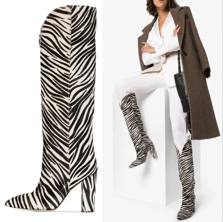 Stiefel Herbst Winter Zebra-Print Frauen Stiefel Mode Plissee Platz High Heel Kniehohe Stiefel Damen Slip Auf Spitz Schuhe