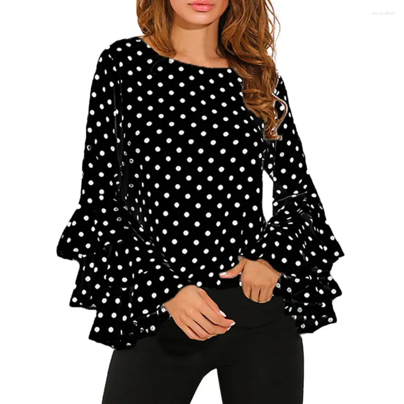 Blusas femininas bolinhas camisa sino manga longa blusa o pescoço casual senhoras moda solta topos primavera outono ao ar livre camisas