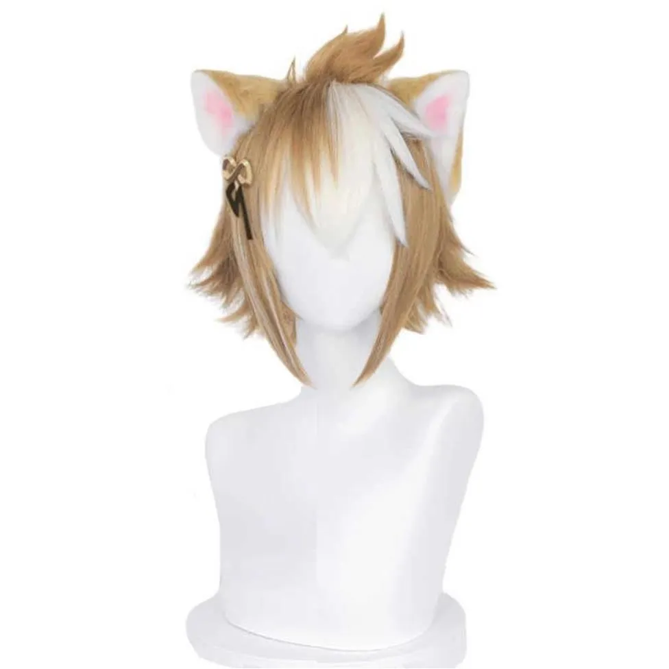 Gorou Cosplay Wig Game Genshin Impact Short Brown White with Ears Synthetic Hair Heat Resistant Halloween Role Play Y09132420