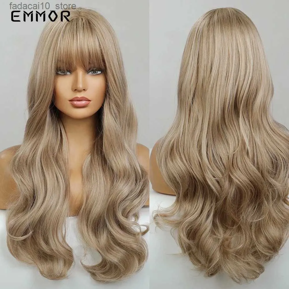 Synthetic Wigs Emmor Synthetic Long Blonde Wavy Wigs for Women Hair Soft Natural Light Blond Wig with Bangs Heat Resistant Fiber Hair Wig Q240115