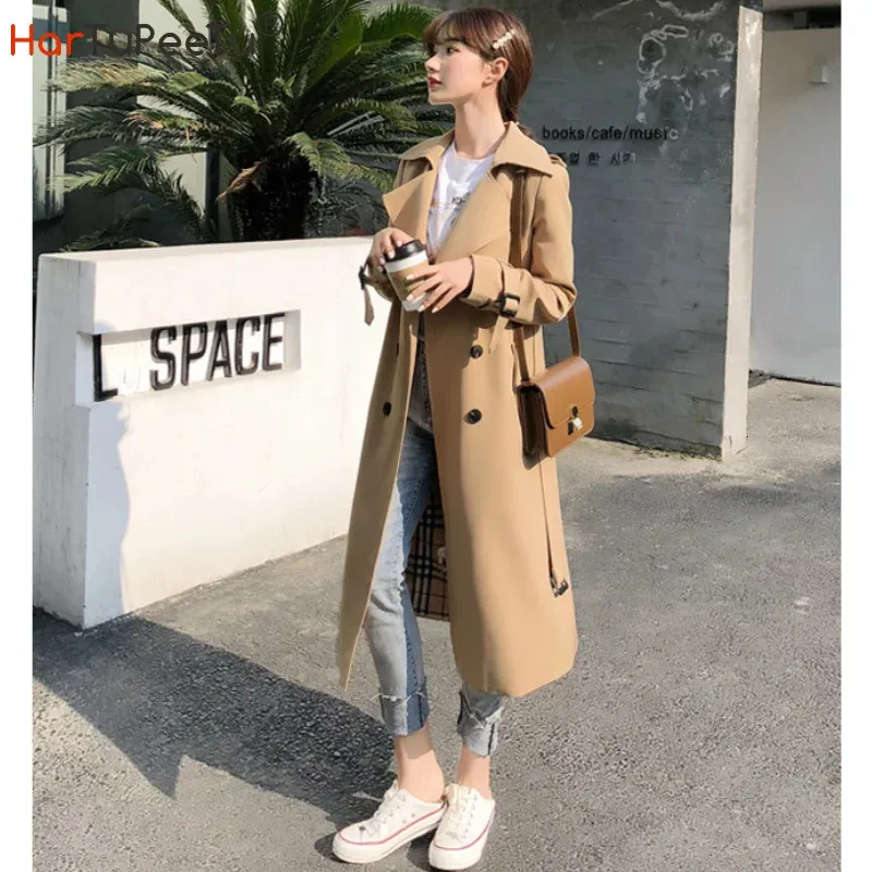 Women's Long Trench Coats V Neck Double-Breasted Windproof Jacket with Belt Fall Fashion Street Wear Size S-XL Drop 240115