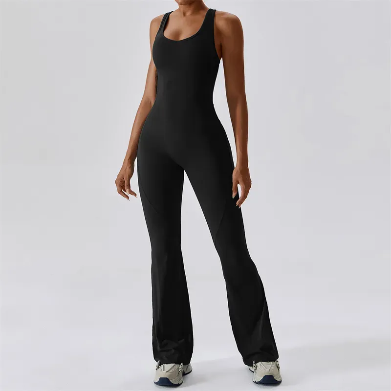 LL-8117 Womens Jumpsuits One Piece Yoga Outfits Sleeveless Close-fitting Dance Jumpsuit Long Pants Fast Dry Breathable Bell-bottoms Pants
