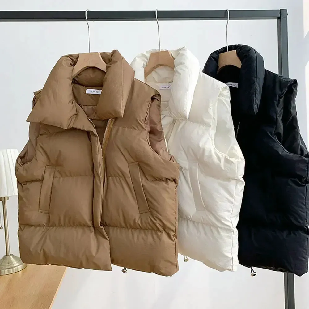 Gilet d'hiver en coton pour femme, manteau chaud, col rabattu, fermeture éclair, veste sans manches, pardessus ample avec cordon de serrage, 240115