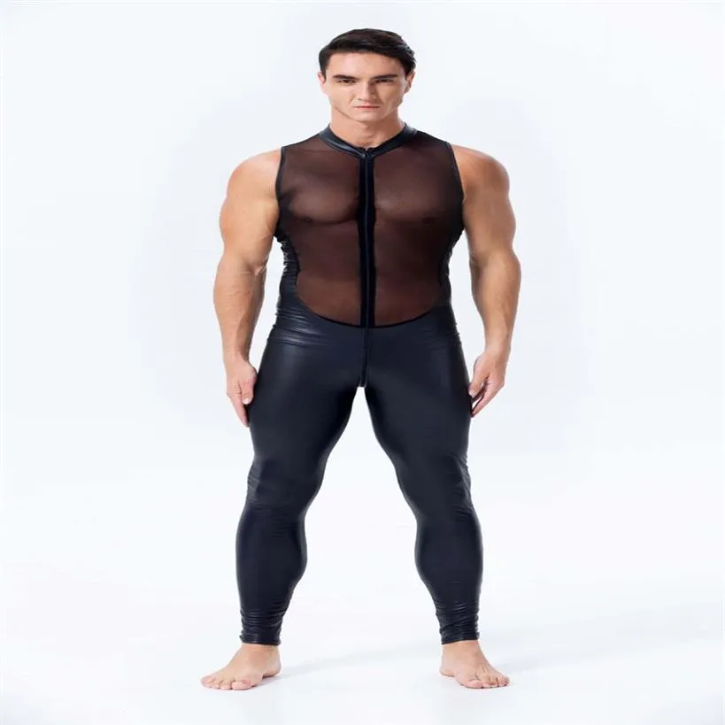 New Design Men Faux Leather Jumpsuit Sexy Mesh Stretch Catsuit Sleeveless See Through Bodysuit Male Zipper Open Crotch Clubwear326J