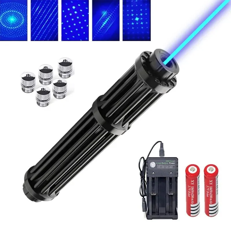 Pointeurs Haute puissance 21cm pointeur laser bleu 450nm 8000m stylo laser torche lampe de poche focalisable brûlure match avec batterie 18650 + chacrger