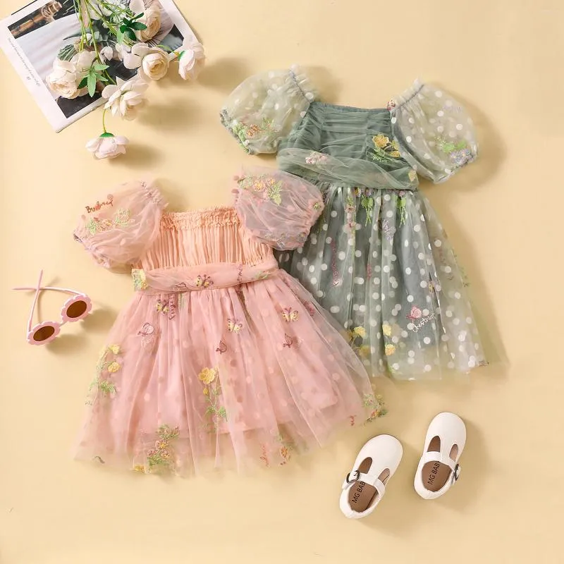 Vestidos de menina Pudcoco Criança Meninas Vestido Flor Bordado Ruched Malha Manga Curta Bebê Verão Casual Princesa 6M-4T